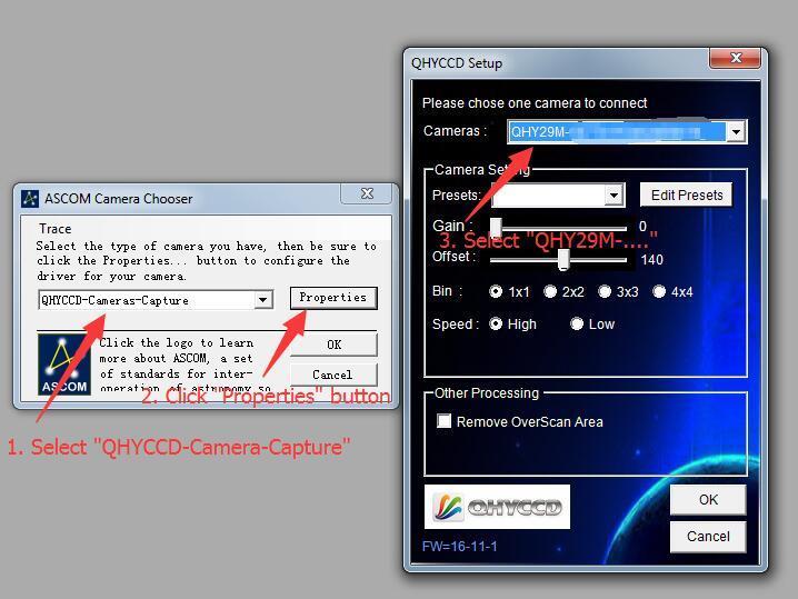 Normally, you can set the gain=1 and offset=10 to start. Keep clicking "Okay" to return to Camera Control window.