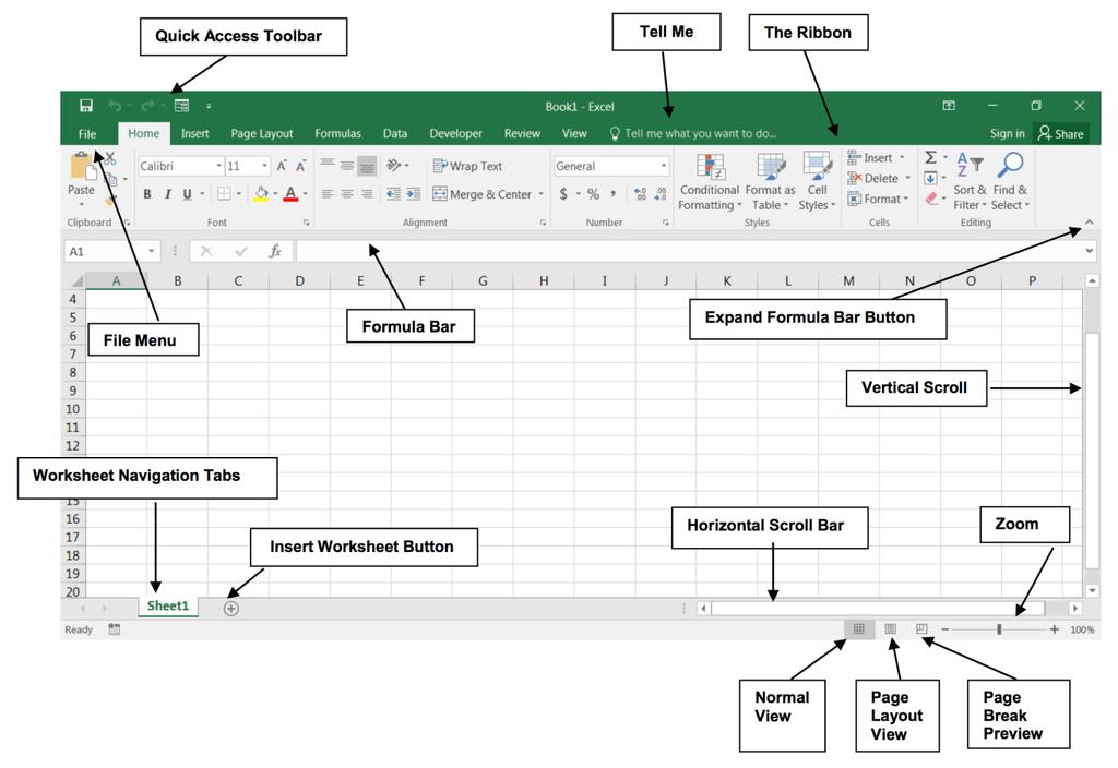Screen Elements: Introduction to Microsoft Excel 2016 The Ribbon The Ribbon is designed to help you quickly find the commands that you need to complete a task.