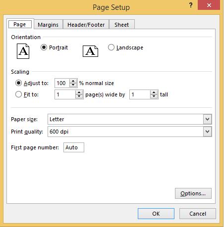 Clicking on Page Setup will open a dialog box with four tabs: Page Margins Header/Footer Sheet Page: Margins: 1) Change the Orientation 2) Adjust the Scaling 3) Change the Paper Size 1) Change the
