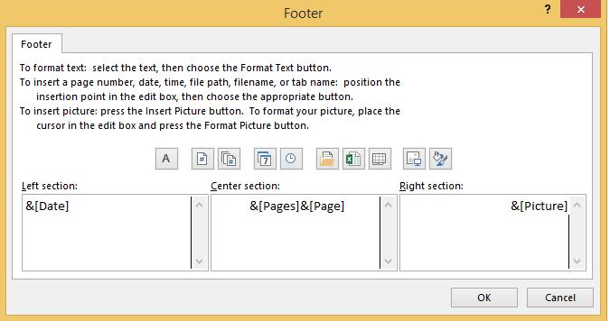 Button Image Function File Path 3) Click in a section to position your cursor 4) Enter text/fields 5) Click OK when finished Filename Sheet Name