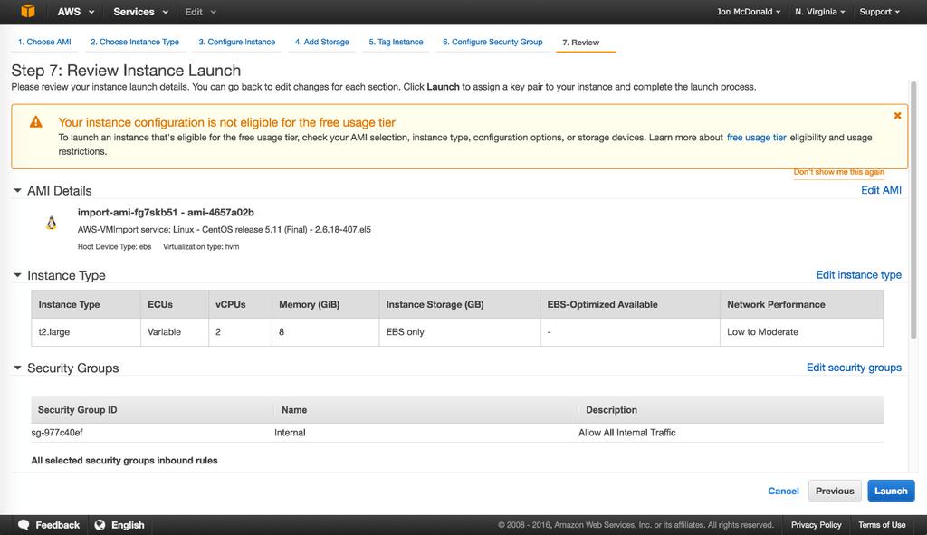 11. On STEP 7: REVIEW INSTANCE LAUNCH page, review and verify the selection of the right AMI, all the Instance settings and Security Group configurations.