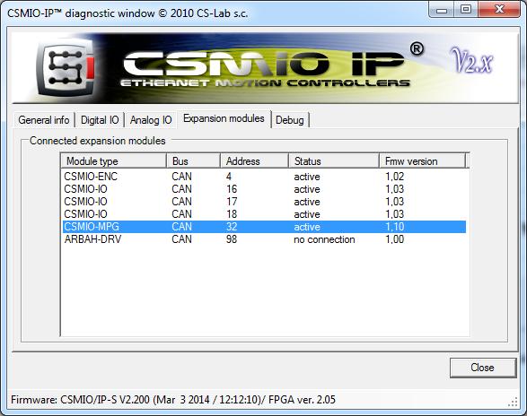 In the PlugIn Control menu choose CSMIO-IP-P_plugin In the diagnostic window go to the Expansion modules tab.