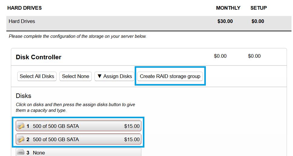 Our example shows the provisioning of two 500GB SATA drives for the ESXi operating system in a RAID 1 configuration, and twelve 1.