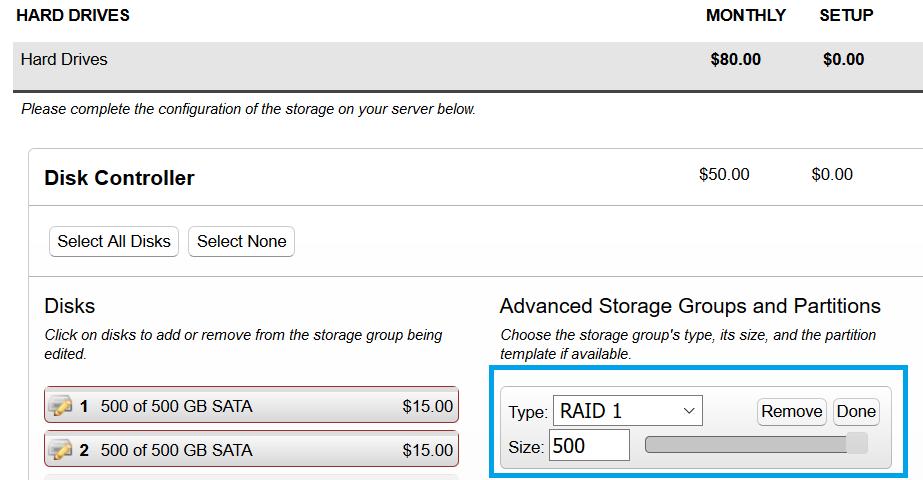 12. Under Advanced Storage Groups and Partitions, select the RAID level for the OS drives and click Done. In our example, we selected RAID 1 and used the entire partition. 13.