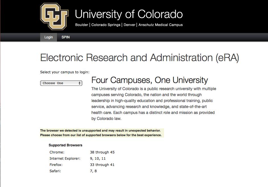 1) Login to era InfoEd: Step 1: Go to https://era.cu.edu/login.asp Step 2: From the dropdown, select Boulder.