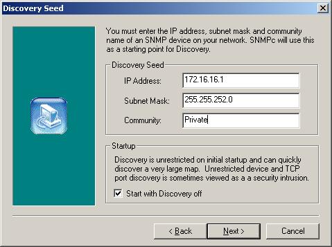 5. Discovery Seed window Check the box in front of Start with Discovery off. Click Next.