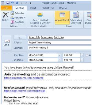 Schedule and Start Meetings With Microsoft Outlook 1. Open an appointment time in your Outlook calendar and then click The meeting access information will appear in the body of the appointment. 2.