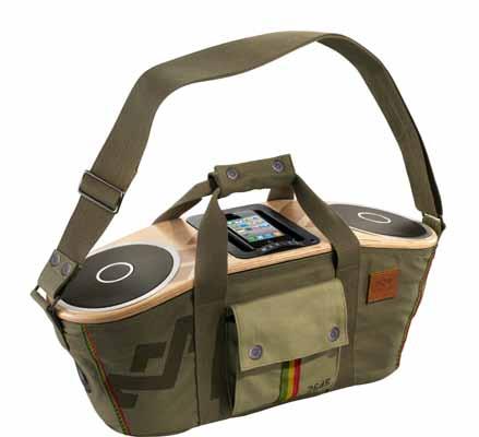 Bag of Rhythm PORTABLE BOOM DOCK AUDIO SYSTEM - JAMMIN COLLECTION Powerful. Portable. Eco-friendly. The Bag of Rhythm delivers ground-pounding performance in a truly portable solution.