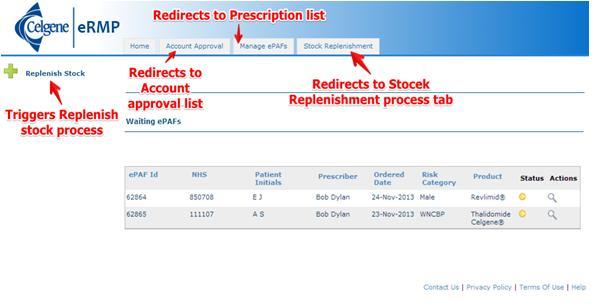 Replenish Stock top navigation link starts the process of creating new Replenishment Stock order Account Approval top navigation link will redirect you to a page containing list of new pharmacists