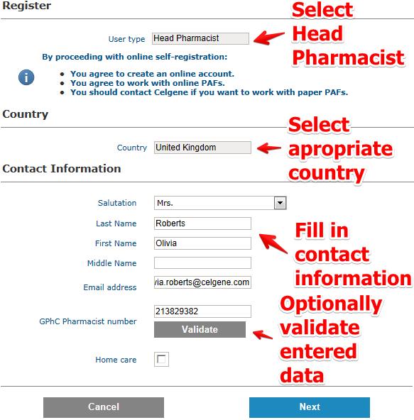 1.2 Self-registration Select Head Pharmacist from the User type drop-down box then click next.
