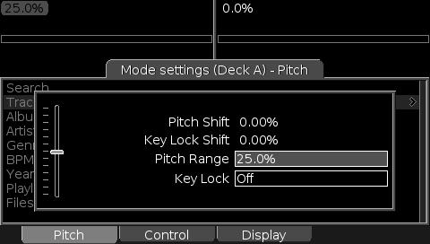 DECK MODE SETTINGS (A AND B) MODE buttons, located near the pitch sliders of each deck, can be pressed to pop up the settings dialog for Deck A or B.
