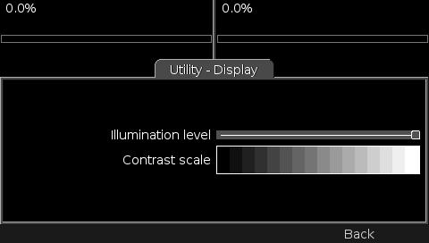 Display From here the display brightness can be adjusted. Also, a scale of shades from black to white is shown on screen as an aid to setting the display contrast.