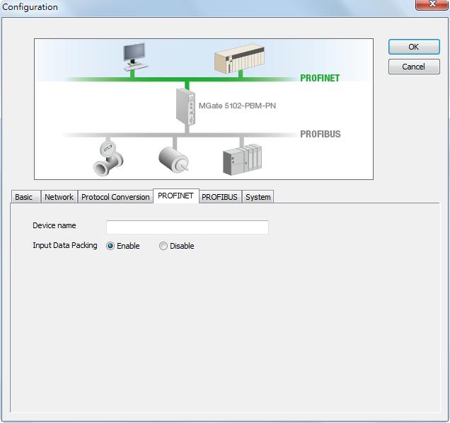 Parameter Value Description Device Name <alphanumeric string> Enter the PROFINET server name (if you type the name incorrectly, the connection will fail).