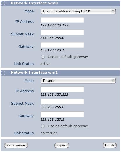 Configuration 6. In this example, Obtain IP address using DHCP is selected for interface wm0, and interface wm1 is disabled. Make your selections. 7.
