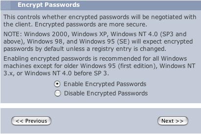 The next page allows Encrypted Passwords to be enabled or disabled.