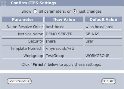 Since only one interface (wm0) was enabled in our example, Storage Builder for NAS tells us that wm0 will be used to access the CIFS shares. 10.