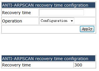 Choose L3 forward configuration > ARP protection configuration > ANTI-ARPSCAN configuration > ANTI-ARPSCAN recovery on-off configuration, and the following page appears.