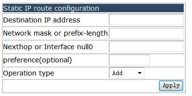 4.18.1.1 Static route configuration. Choose Route configuration > Static route configuration, and the following page appears.