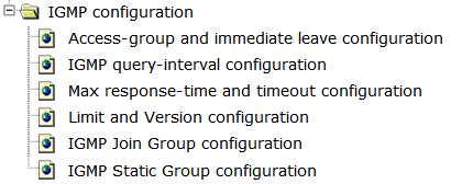 there are "Access-group and immediate leave configuration", "IGMP query-interval configuration", "Max response-time and timeout configuration", "Limit and Version configuration",
