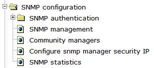 there are "SNMP authentication", "SNMP management", "Community managers", "Configure snmp manager security IP", "SNMP statistics", configuration web pages. 4.1.2.1 SNMP authentication.