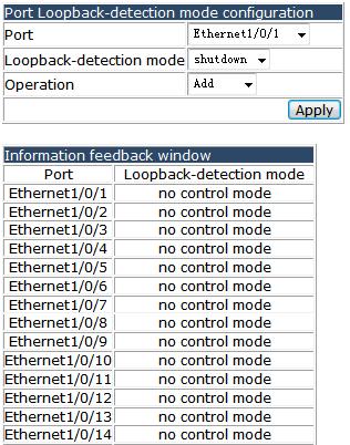 "Loopback-detection control recovery configuration", configuration web pages. 4.3.4.1 Port Loopback-detection mode configuration.