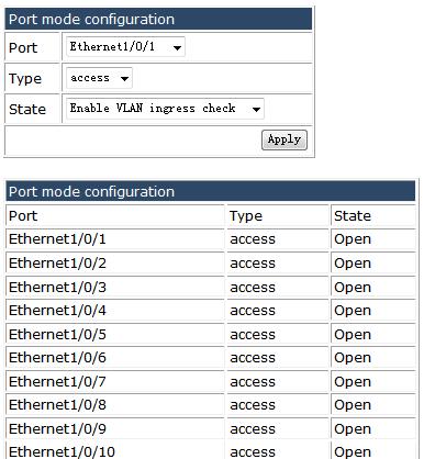 4.5.1.3 Set port mode(access/hybrid/trunk). Choose VLAN configuration > VLAN configuration > Port type configuration > Set port mode(access/hybrid/trunk), and the following page appears.