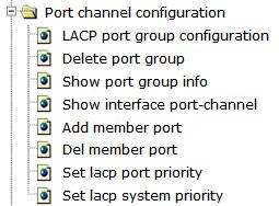there are "LACP port group configuration", "Delete port group", "Show port group info", "Show interface port-channel", "Add member port", "Del member port", "Ste LACP port priority", "Set LACP system
