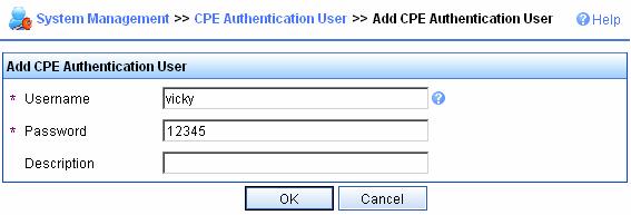 imc BIMS provides a default CPE authentication user, and you can add CPE authentication users as needed.