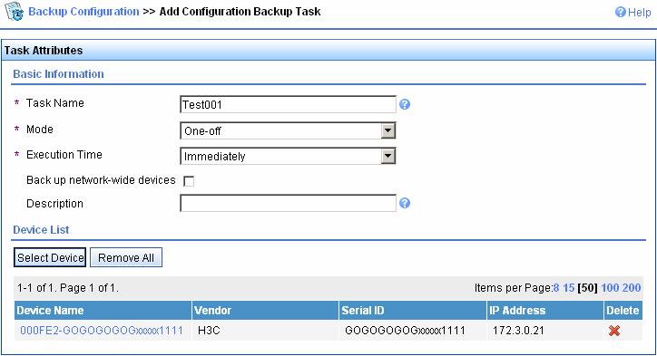 Figure 12 Add Device Configuration Backup Task Type the Task Name, select the Operation Time, and Execution Time, and then click Select Device.