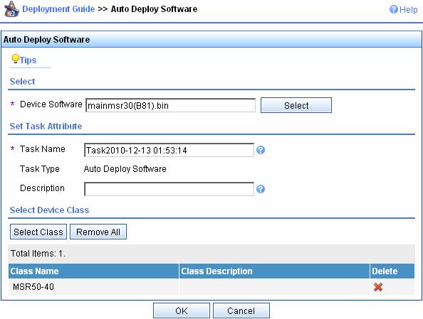 Figure 23 Auto Deploy Software Click Select and select the software you want to deploy on the dialog box that appears. Type the task name and task description.