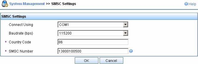 Figure 31 SMSC Settings Select the serial port and baud rate, type the country code and SMSC number, and click OK.