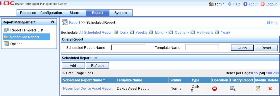 Figure 35 Scheduled Report List Click Add to enter the page for adding a scheduled report.