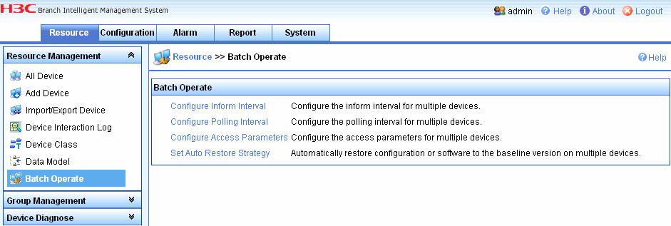 Figure 37 Batch Operate Configure Inform Interval: Allows you to configure the interval for accessing imc BIMS for multiple devices in batches.