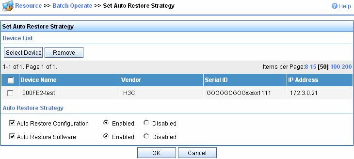 Figure 39 Set Auto Restore Strategy Click Select Device, and select one or more devices on the popup device list. Set the connection request username and connection request password. Click OK.