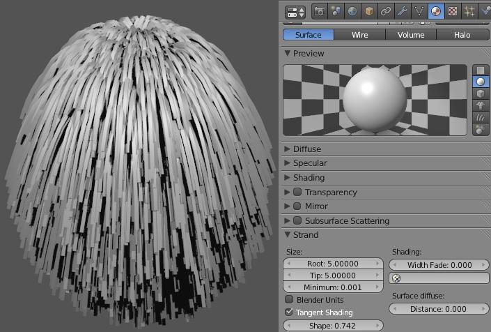 Material Strand Settings: The shape of the strand can be controlled in the material settings.