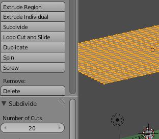 While in edit mode, select Subdivide in the Tool Shelf and set Number of Cuts to 20.