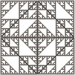 The Beauty of the Symmetric Sierpinski Relatives R aaa (the Sierpinski Gasket). Vertices: (0, 0), (1, 0), (0, 1). Angles: 90, 45, 45. R abd. Vertices: (0, 0), (1, 0), (1, 1/2), (1/2, 1), (0, 1).