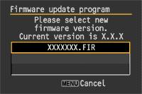 Rotate the Quick Control Dial to select the "Firmware Ver.x.x.x" item at the bottom of the Set-up menu (Yellow), and then press the <SET> button. The firmware update screen will appear.
