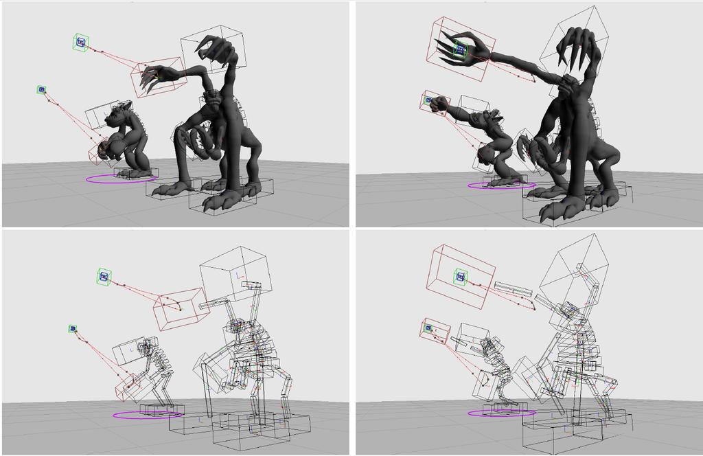 Figure 2.4: Two characters using the real-time motion retargeting, left in resting pose and right reaching for a point (source:[3]) solved with a modified Cyclic Coordinate Descent solver. 2.4 Validation Generally it is hard to validate retargeting techniques.