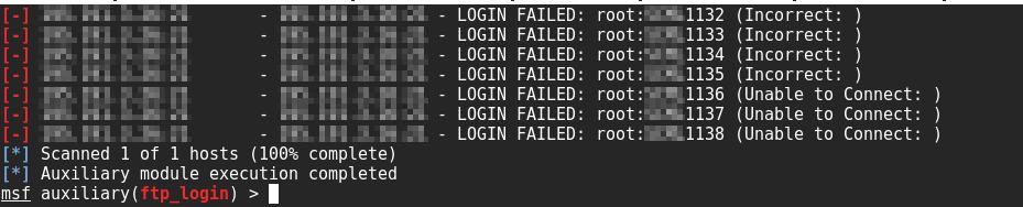 RESULTS (PORT 21- FTP) Example: Brute force towards FTP and evaluating an available exploit FTP Brute force attack on the password is not possible, due to cancellation after a few tries by the FTP