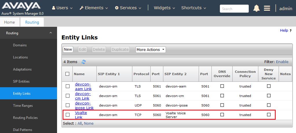 6.4.2 Voalte Voice Server Entity Link The SIP trunk from Session Manager to Voalte Voice Server is described by an Entity link.