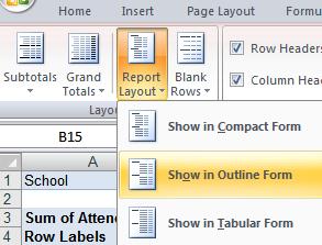 Select outline layout. a. Position cursor in pivot table b. Select Ribbon Pivot Table Tools Design Layout group Report Layout Option c. Select Show in Outline Form. 2. Add Zeroes for blank cells.