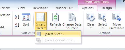 On the Pivot Table Tools Analyze ribbon Sort and Filter group / Insert Slicer (Ribbon is called Options in Version 2010) (Note: this feature
