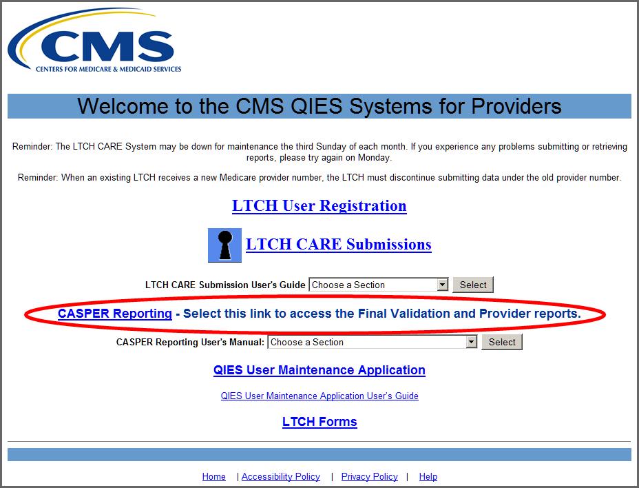 ACCESSING THE CASPER REPORTING APPLICATION Long Term Care Hospital (LTCH) providers access the CASPER Reporting application from their Welcome to the CMS QIES Systems for Providers page