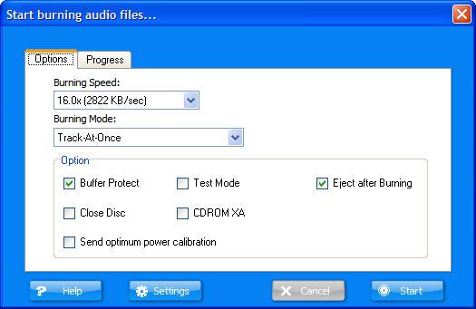 Options in creating audio disc This page provides you the detailed instructions of each option in burning audio CD, burning Mp3/Wav Data CD/DVD and grabbing audio.