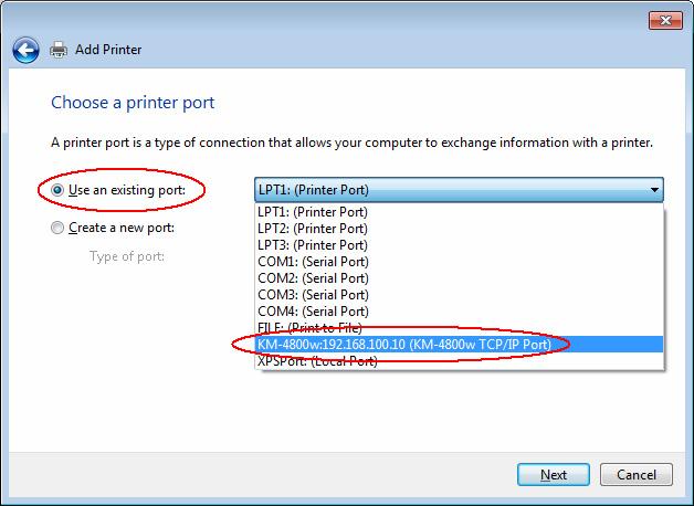 3. Choose Use an existing port: and