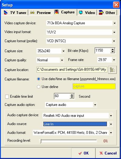 2.2.3 Capture 2.2.4 Video Setup Video capture device: Decide video capture device. Video input format: Select your video input format as YUY2, UYVY or RGB.