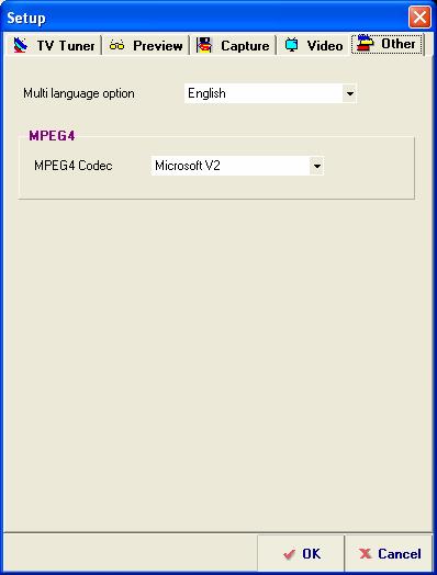 2.2.5 Other Setup Multi language option: To select the different language interface on line. MPEG4 Codec: You can use this option to select different MPG4 code such as Microsoft and DivX codec. 2.