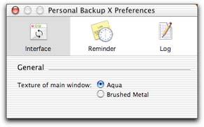 Chapter 7 Intego Personal Backup X Preferences Interface Preferences Intego Personal Backup X lets you choose from two interfaces: the standard Aqua interface, or a Brushed Metal Interface.
