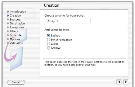 Chapter 6 Using Backup Scripts Creation The second screen of the Script Assistant lets you choose a name for your script, and choose the type of script.